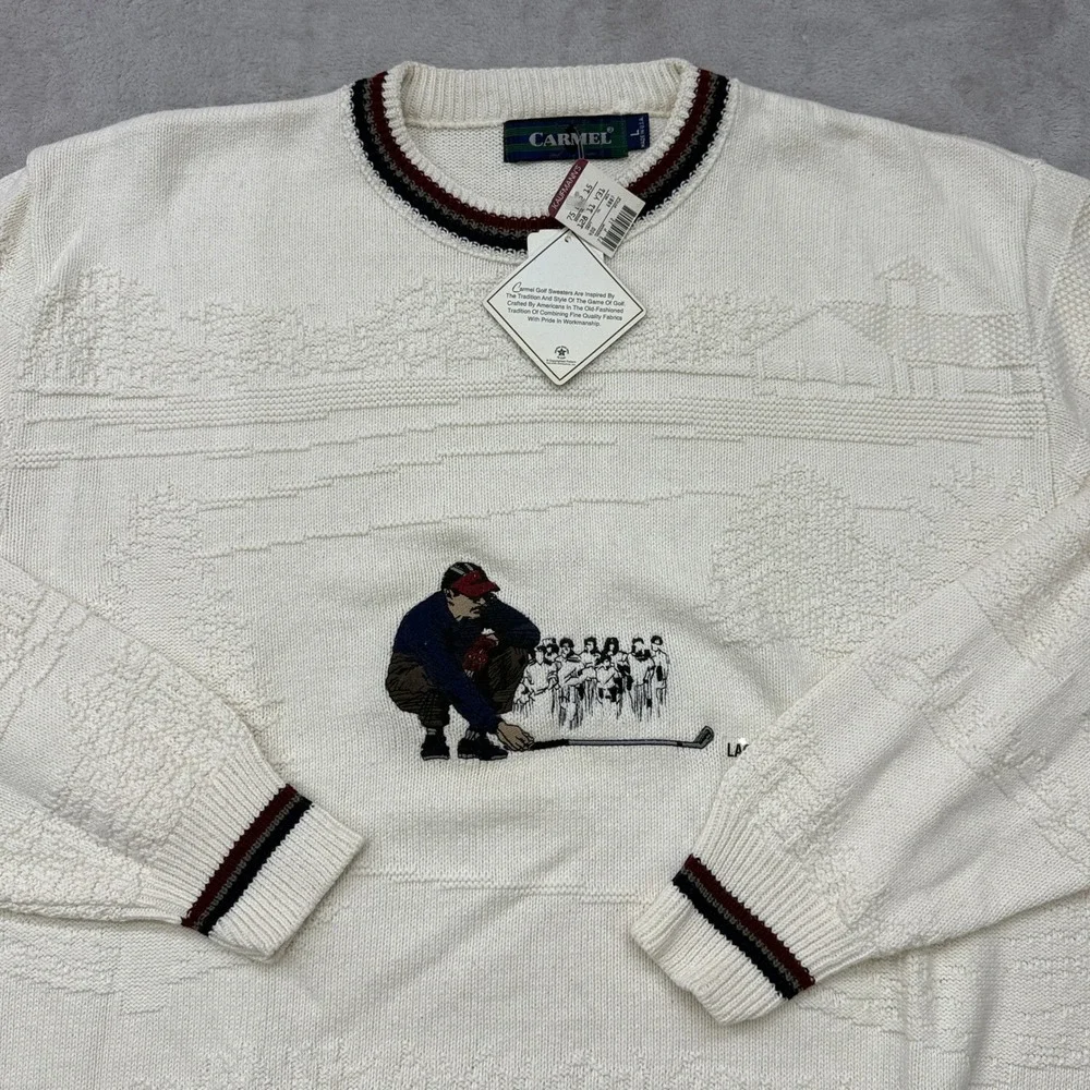 VTG Carmel Golf Sweater Men Large Cream Textured Landscape Embroidered USA 90s